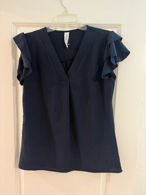 Navy V-Neck Ruffle Sleeve Blouse